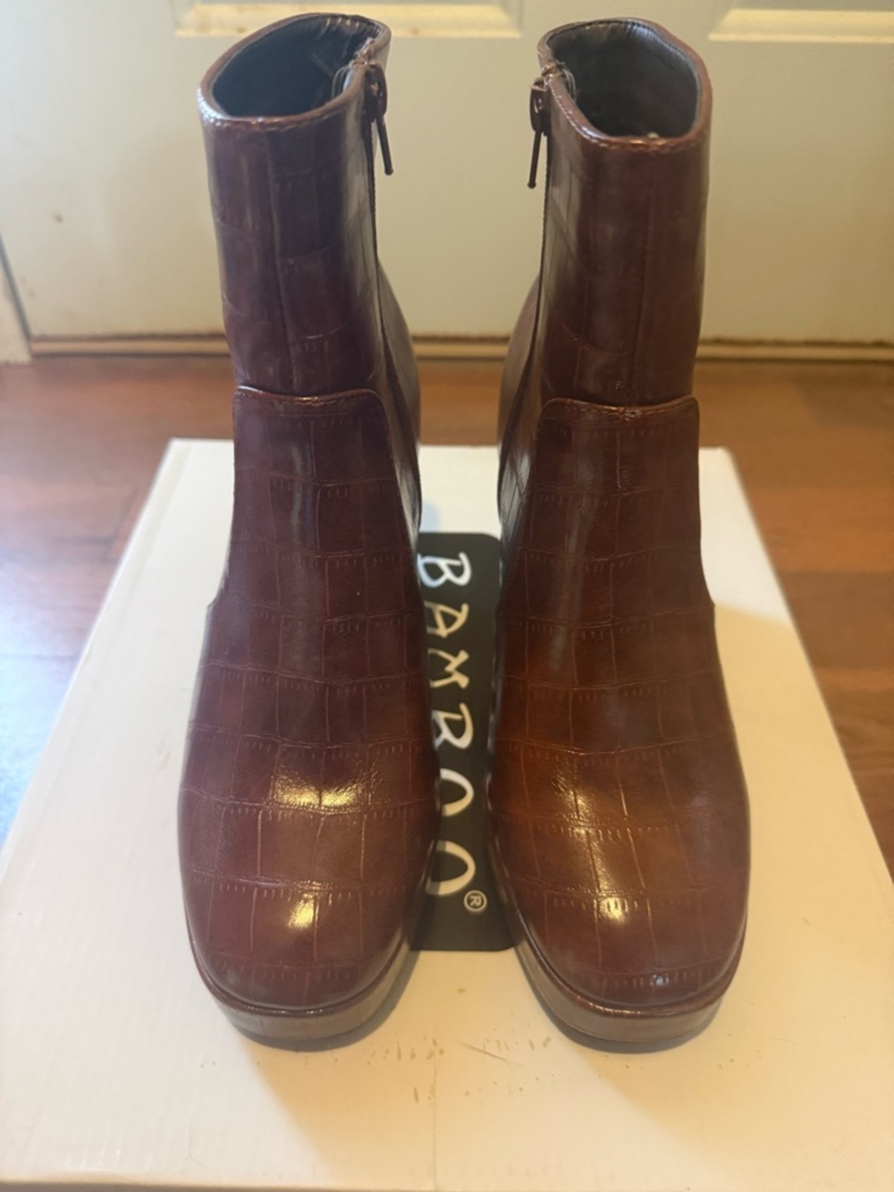 BAMBOO Brown Croc-Embossed Ankle Booties
